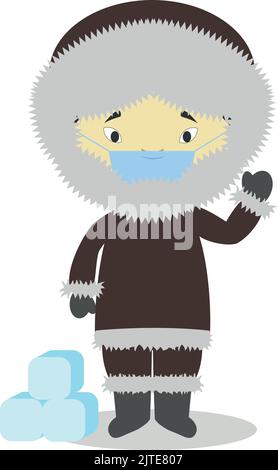 Character from Greenland dressed in the traditional way and with surgical mask and latex gloves as protection against a health emergency Stock Vector
