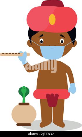 Character from India dressed in the traditional way as a snake charmer and with surgical mask and latex gloves as protection against a health emergenc Stock Vector