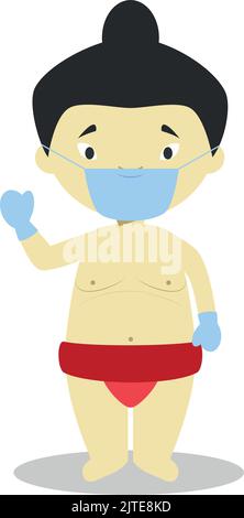 Character from Japan dressed as a sumo wrestler and with surgical mask and latex gloves as protection against a health emergency Stock Vector