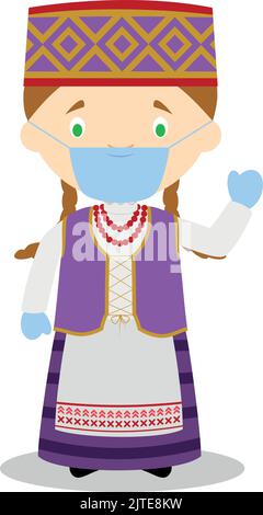 Character from Lithuania dressed in the traditional way and with surgical mask and latex gloves as protection against a health emergency Stock Vector