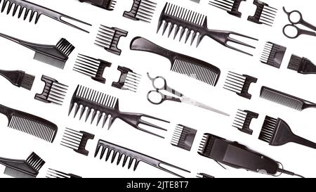 Set of professional hairdressing accessories isolated on white background. Background with top views of objects Stock Photo