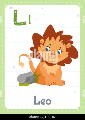 Alphabet printable flashcard with letter L. Cartoon cute lion animal and english word on flash card for children education. School memory cards for kindergarten kids flat vector illustration. Stock Vector