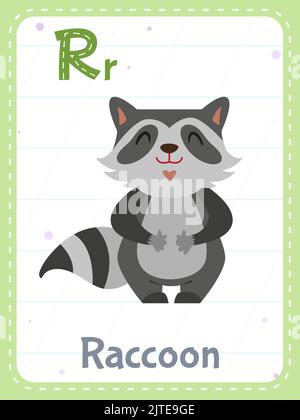 Alphabet printable flashcard with letter R. Cartoon cute raccoon animal and english word on flash card for children education. School memory card for kindergarten kids flat vector illustration. Stock Vector