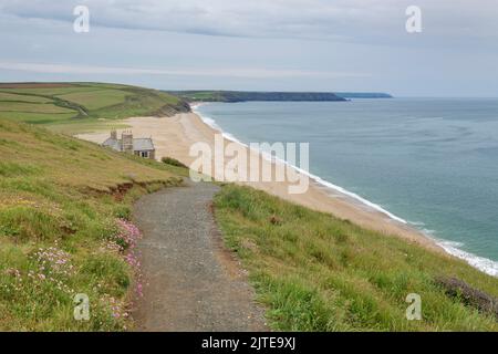 View to Bar lodge and Loe Bar Beach from the Southwest coast path, Porthleven, the Lizard, South Cornwall, UK, June 2021. Stock Photo