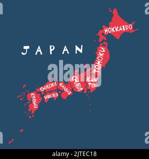 Vector hand drawn stylized map of Japan regions. East map element. Japanese  Travel illustration. Asia continent atlas Stock Vector