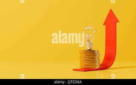 Rising energy cost concept. Light bulb on top of a stack of gold coins and red arrow. 3D Rendering