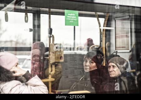 Ukrainian refugees seen inside a train at the station. The station becomes a stopover for the onward journey for refugees from war-torn Ukraine. The conflict with Russia has caused a mass exodus of mainly women and children. Forced to leave their homes and their daily lives, they try to find refuge in a safe place. Stock Photo