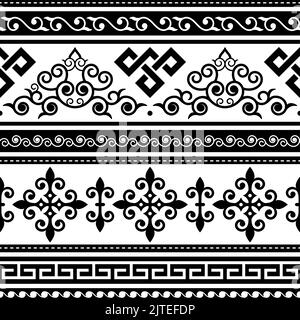 Seamless oriental vector pattern inspired by folk art from Monogolia and Central Asia, traditional textile or fabric print design in black and white Stock Vector