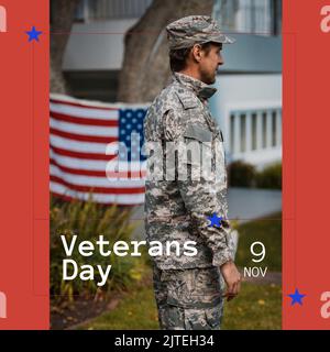 Digital composite of american solder standing by flag at park on us veteran's day Stock Photo