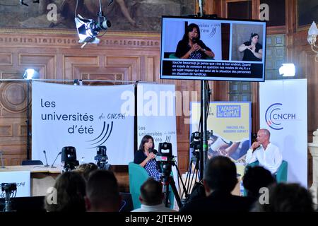 Mayor of Paris Anne Hidalgo and President of CNCPH, Jérémie Boroy attending the 3rd CNCPH summer university in Paris, France, on August 30, 2022. Photo by Karim Ait Adjedjou/ABACAPRESS.COM Stock Photo