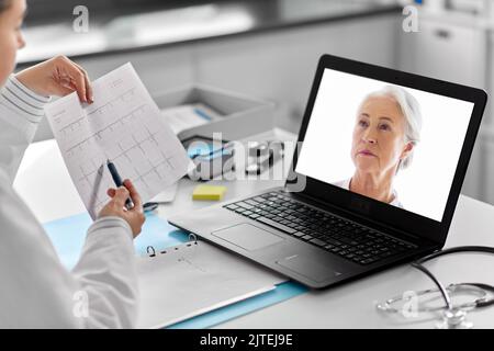 doctor with laptop having video call at hospital Stock Photo