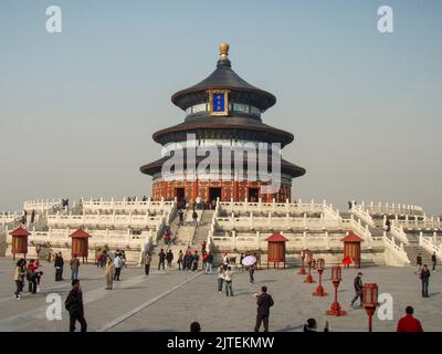 The Temple of Heaven is located south of the Forbidden City in Beijing, China. The Temple of Heaven is known for its rigorous symbolic layout Stock Photo