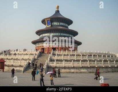 The Temple of Heaven is located south of the Forbidden City in Beijing, China. The Temple of Heaven is known for its rigorous symbolic layout Stock Photo