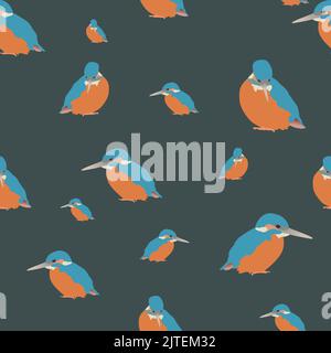 Vector of animals. Seamless pattern with kingfishers on a dark grey background. with colors blue, orange and grey Stock Vector