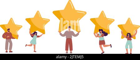 Happy and satisfied customer vector tiny people are holding review stars over their heads. Five stars rating flat. Customer review rating and client Stock Vector