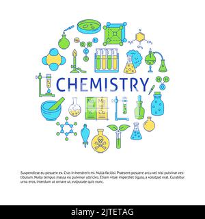 Chemistry science round poster in colored line style with place for text. Banner with chemical symbols. Vector illustration. Stock Vector