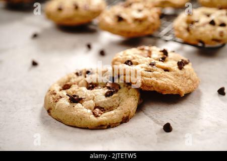 Homemade chewy chocolate chip cookies, selective focus Stock Photo