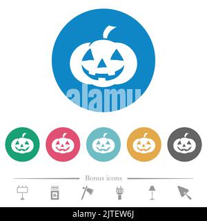 Halloween pumpkin flat white icons on round color backgrounds. 6 bonus icons included. Stock Vector