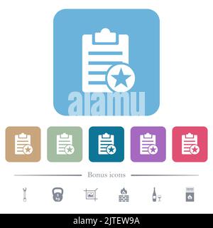 Marked note white flat icons on color rounded square backgrounds. 6 bonus icons included Stock Vector