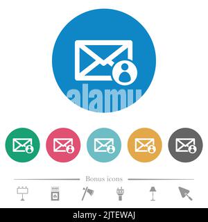 Mail sender flat white icons on round color backgrounds. 6 bonus icons included. Stock Vector