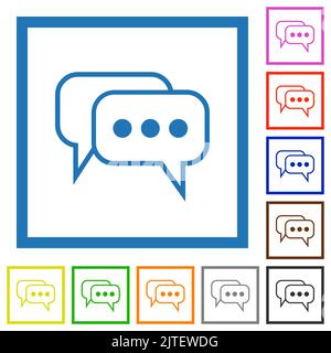 Two rounded square active chat bubbles outline flat color icons in square frames on white background Stock Vector