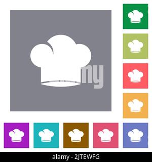 Chef hat solid flat icons on simple color square backgrounds Stock Vector