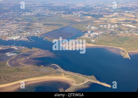 Durham, United Kingdom. Aerial photograph of the mouth of the river Tees, surrounded by the Teesmouth nature reserve and the industry of Middlesbrough Stock Photo