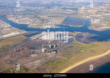 Durham, United Kingdom. Aerial photograph of the Teesside Steel Works surrounded by the River Tees Sealands chemical works and Middlesbrough in the ba Stock Photo