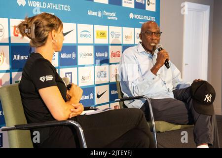 Brussels, Belgium, 30 August 2022. Memorial Van Damme director Kim Gevaert and Coach Bob Kersee pictured during a press conference ahead of the Memorial Van Damme Diamond League meeting athletics event, in Brussels, Tuesday 30 August 2022. The Diamond League meeting takes place on 02 September. BELGA PHOTO JULIETTE BRUYNSEELS Stock Photo