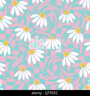 Retro Smile Chamomile Seamless Pattern on 1970 Wavy Swirl Pattern. Hippie Aesthetic Stock Vector