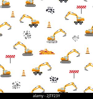 Cute childish seamless pattern with yellow car dump truck, crane, concrete mixer. Construction site illustration in cartoon style. Stock Vector