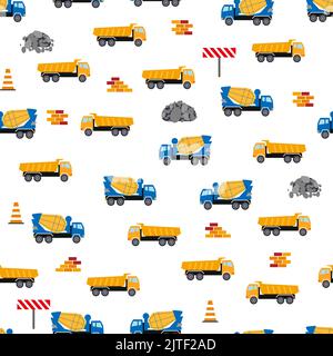Cute childish seamless pattern with yellow car dump truck, crane, concrete mixer. Construction site illustration in cartoon style. Stock Vector