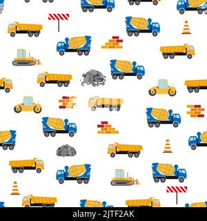 Cute childish seamless pattern with yellow car dump truck, crane, concrete mixer. Construction site illustration in cartoon style. Stock Vector