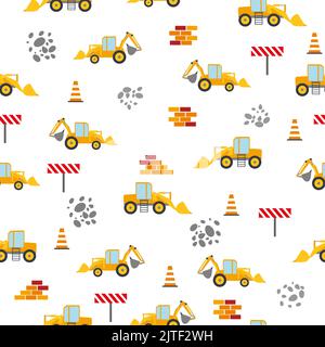 Cute childish seamless pattern with yellow car dump truck, crane, concrete mixer. Construction site illustration in cartoon style. Stock Vector