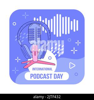 Vector illustration on the theme of International Podcast Day on September 30th. Microphone and headphones in hand drawn style Stock Vector