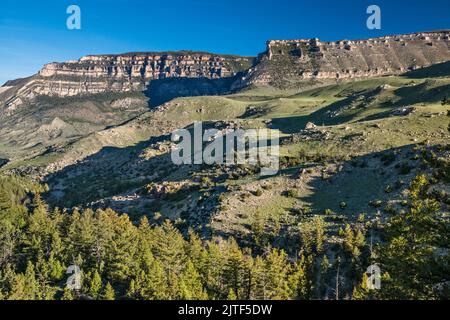 Sunlight Mesa, Elephant Head Rock on left, over Shell Canyon, early morning, Bighorn Mountains, Bighorn National Forest, Wyoming, USA Stock Photo