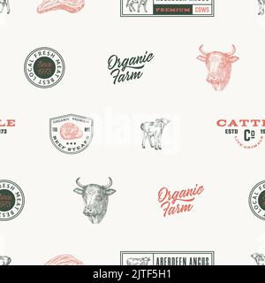 Hand Drawn Cows Illustrations and Typography Lettering Vector Seamless Background Pattern Beef Meat Steaks and Cattle Farm Products Sketches Card Stock Vector