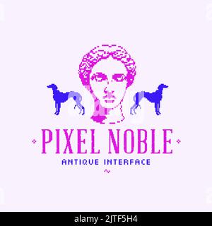 Pixel noble interface modern classics logo template with antique statue head, dogs collage 80s-90s aesthetics poster, t-shirt print vector Stock Vector