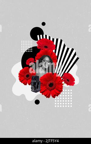 Vertical collage picture of positive gorgeous girl black white gamma red flowers small video camera isolated on painted background Stock Photo