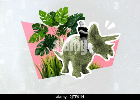 3d retro abstract creative collage of excited retired funny man riding sitting huge dinosaur have fun isolated on drawing background Stock Photo
