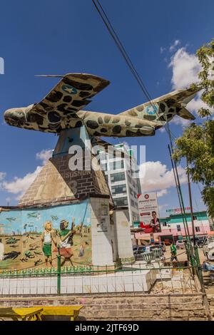 HARGEISA, SOMALILAND - APRIL 12, 2019: Hargeisa War Memorial consisting of a MiG-17 fighter aircraft in the center Hargeisa, capital of Somaliland Stock Photo