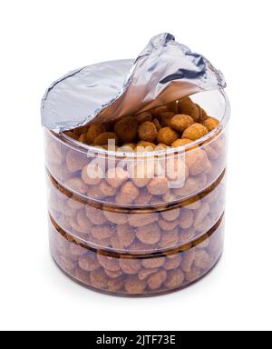 Open Can of Honey Roasted Peanuts Cut Out on White. Stock Photo