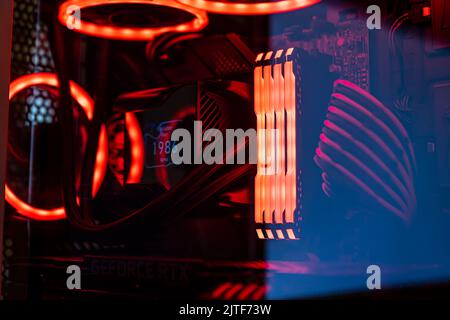 Milan, Italy 30 august 2022: Close-up Macro Shot of Installed RAM Memory in Computer Motherboard Slot. Technically Advanced PC / Server System. Modern Stock Photo