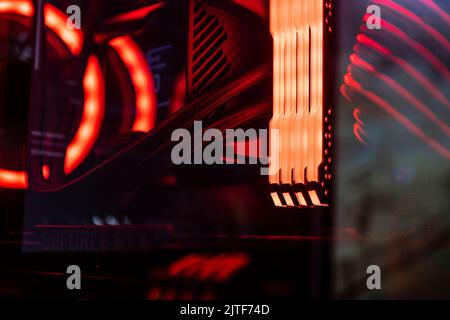 Milan, Italy 30 august 2022: Close-up Macro Shot of Installed RAM Memory in Computer Motherboard Slot. Technically Advanced PC / Server System. Modern Stock Photo