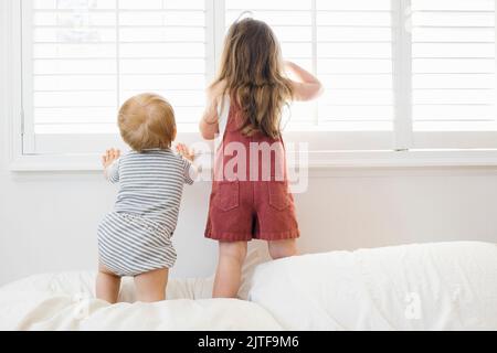 Rear view of brother (12-17 months) and sister (2-3) looking through window Stock Photo