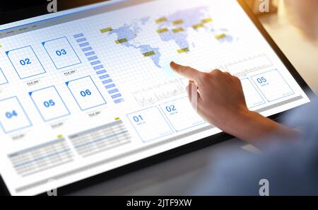 hand on led light tablet at night office Stock Photo