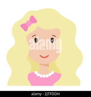 Funny cartoon woman face, cute avatar or portrait. Girl with beautiful fair hair and bow. Young character for web in flat style. Print for sticker Stock Vector