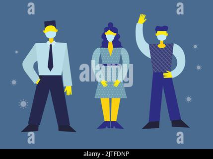 cartoon people wearing masks covid-19 pandemic in a vector illustration Stock Vector