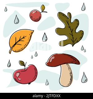 stickers on the autumn theme leaves raindrops mushroom and apple with berry Stock Vector