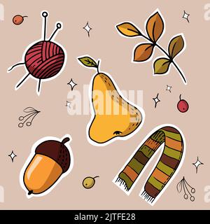 utumn stickers pear scarf ball for knitting leaves and acorn Stock Vector